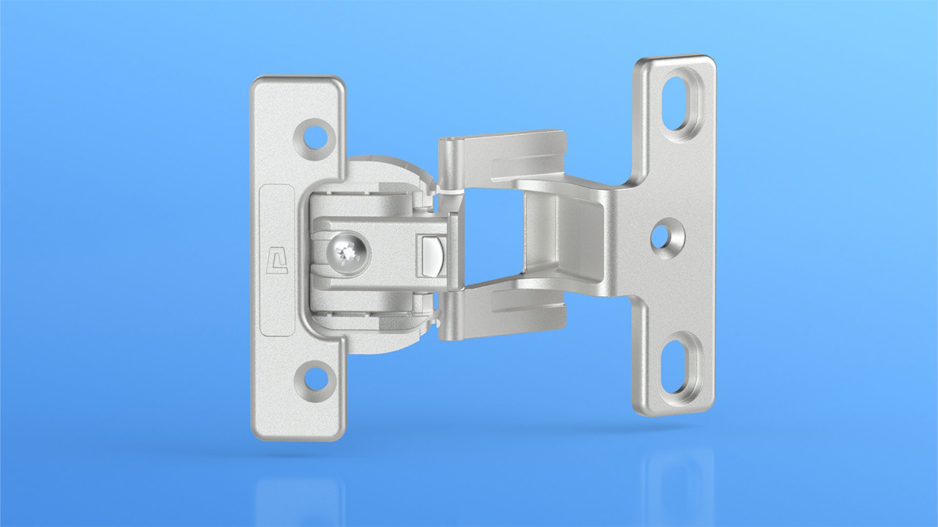 Produkt Bild in einem eigentypischen Look der Marke PRÄMETA Präzisionsmetall zeigt ein Kurzarm-Scharnier für Möbel aus Holz und Metall.