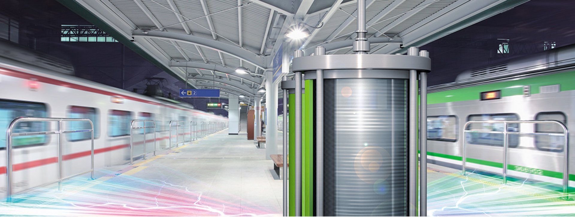 Ein beispielhafter Use Case zeigt das STORNETIC-Schwungrad EnWheel® an einer Bahnhaltestelle, wie es Bremsenergie der Züge aufnimmt und zu deren Antrieb wieder abgibt.