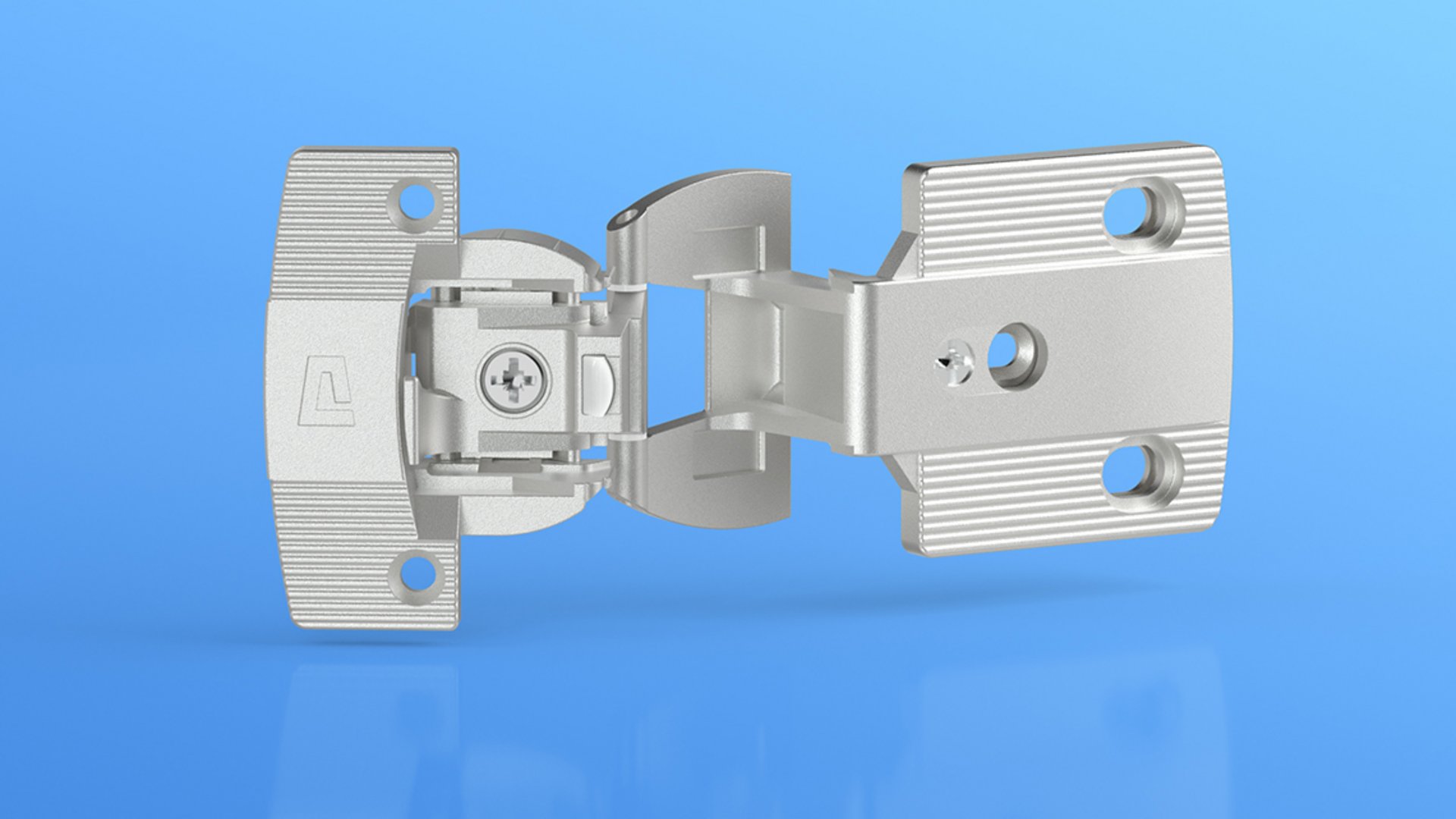 Produkt Bild in einem eigentypischen Look der Marke PRÄMETA Präzisionsmetall zeigt ein Scharnier der Serie 3000 für Möbel aus Holz und Metall.