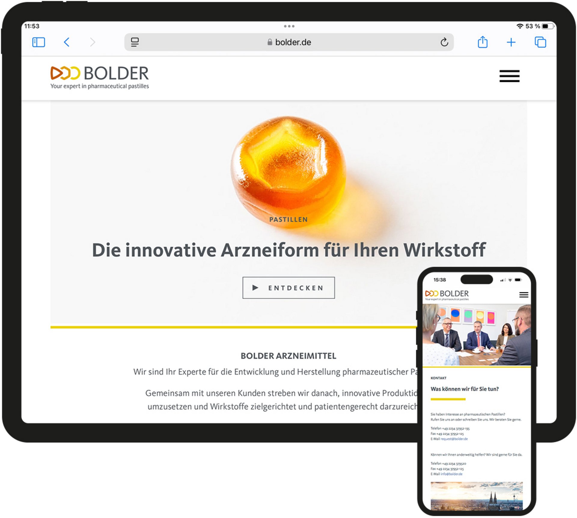 Desktop und Smartphone Ansicht des BOLDER Arzneimittel Marken Touchpoints Website.