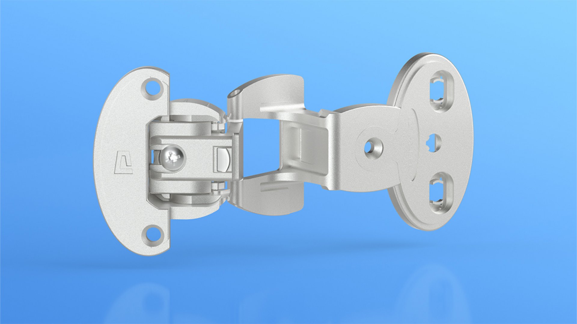 Produkt Bild in einem eigentypischen Look der Marke PRÄMETA Präzisionsmetall zeigt ein Scharnier der Serie 2000 für Möbel aus Holz und Metall.