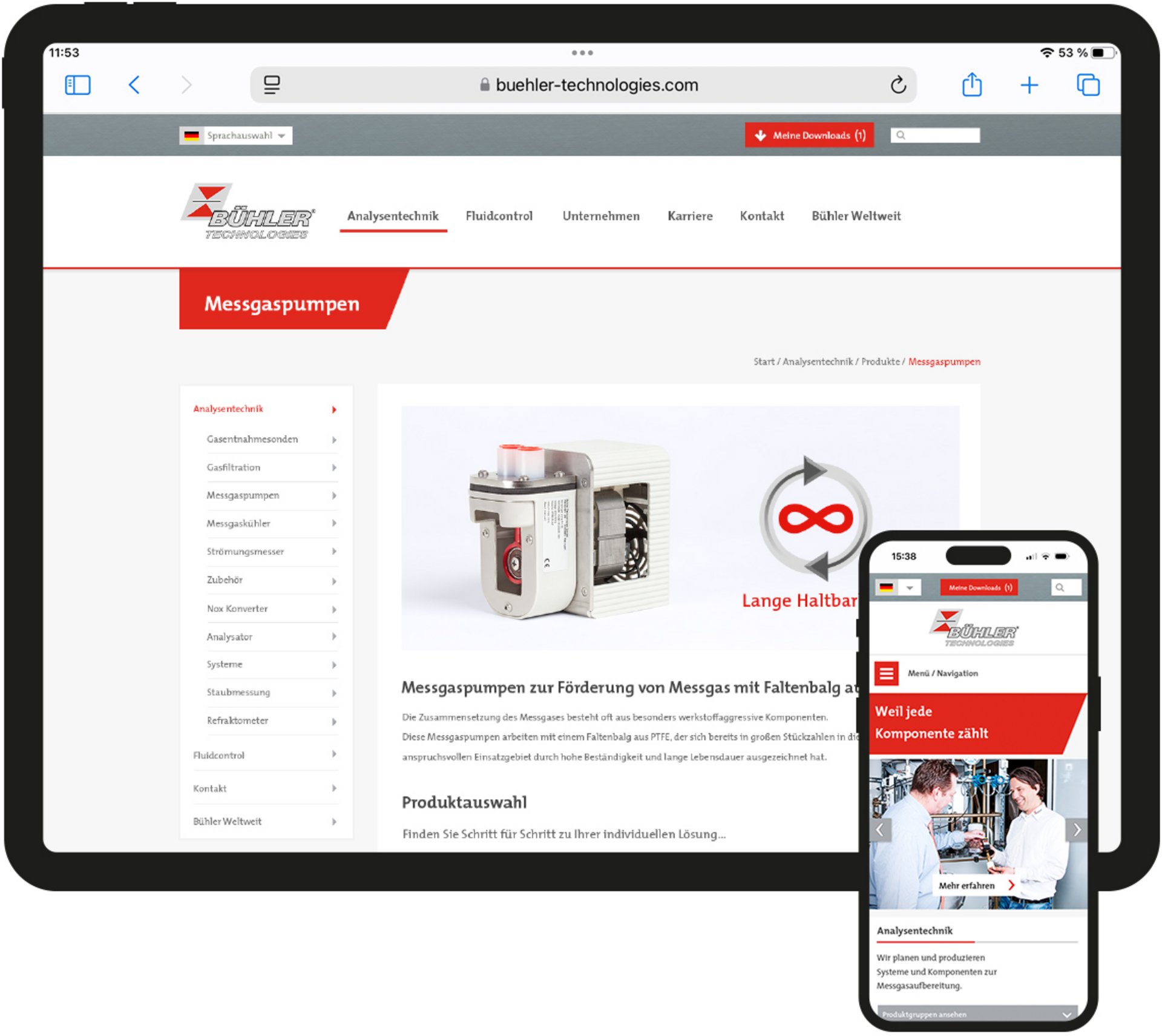 Desktop und Smartphone Ansicht des BÜHLER Technologies Marken Touchpoints Website.