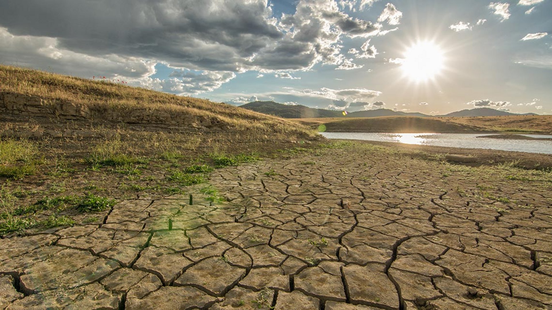 Eine lange Dürreperiode hat diese Landschaft gezeichnet, den Wasserstand sinken und den Boden austrocknen lassen.