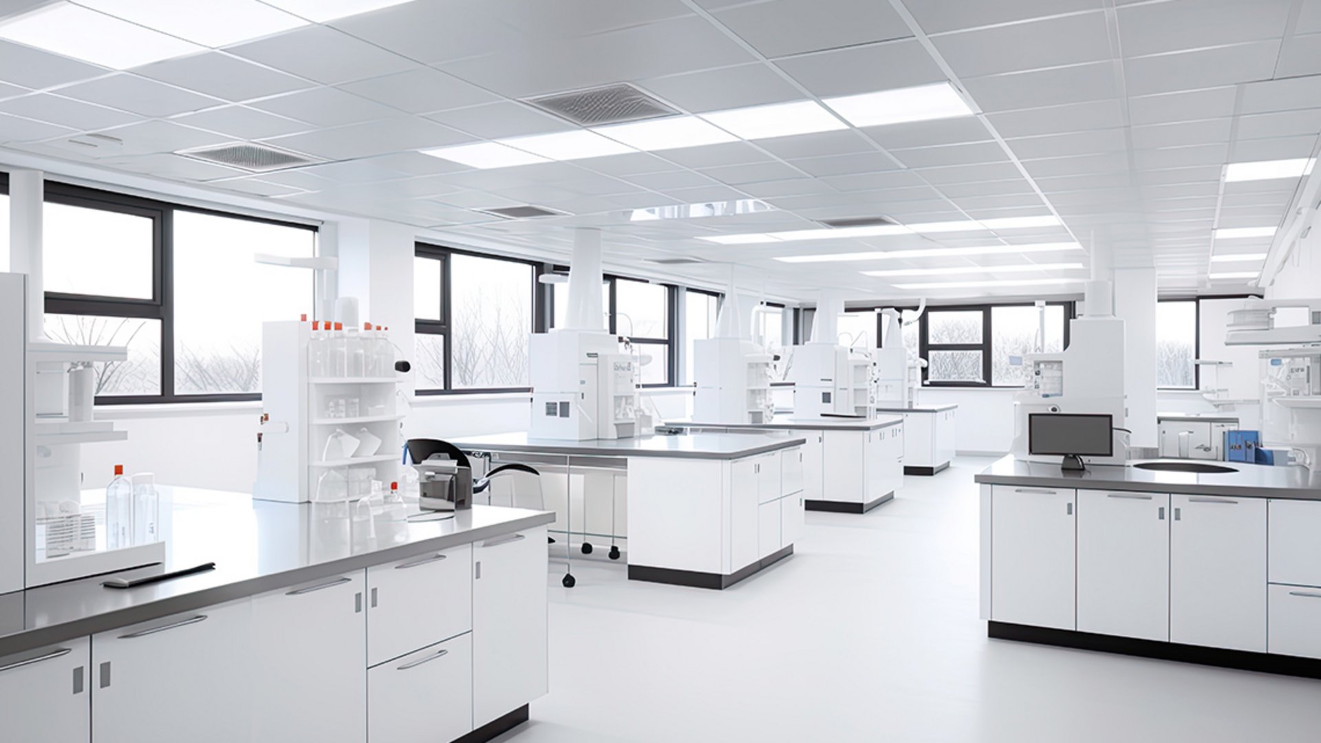 Labor mit zahlreichen Schränken, deren Türen aufgrund ihres Gewichts und einer großen Anzahl an Öffnungszyklen stabile PRÄMETA Scharniere benötigen.