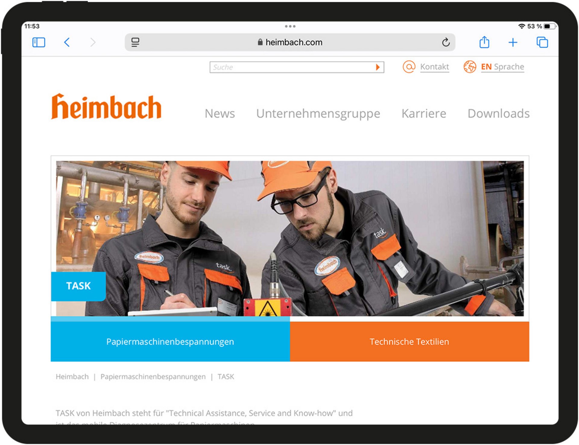 Heimbach-Website in der Tablet-Ansicht