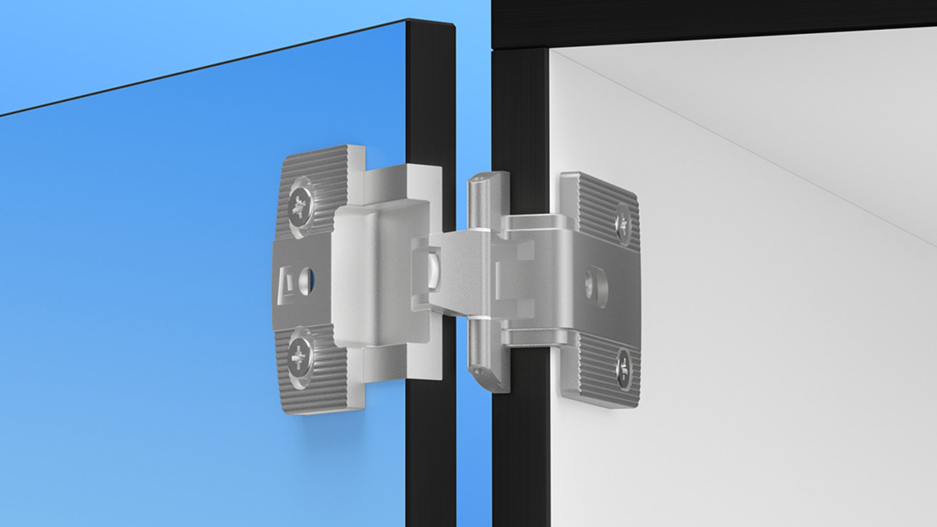 Produkt Bild in einem eigentypischen Look der Marke PRÄMETA Präzisionsmetall zeigt ein eingebautes Spezialscharnier der Serie 3000 für dünne Türen.