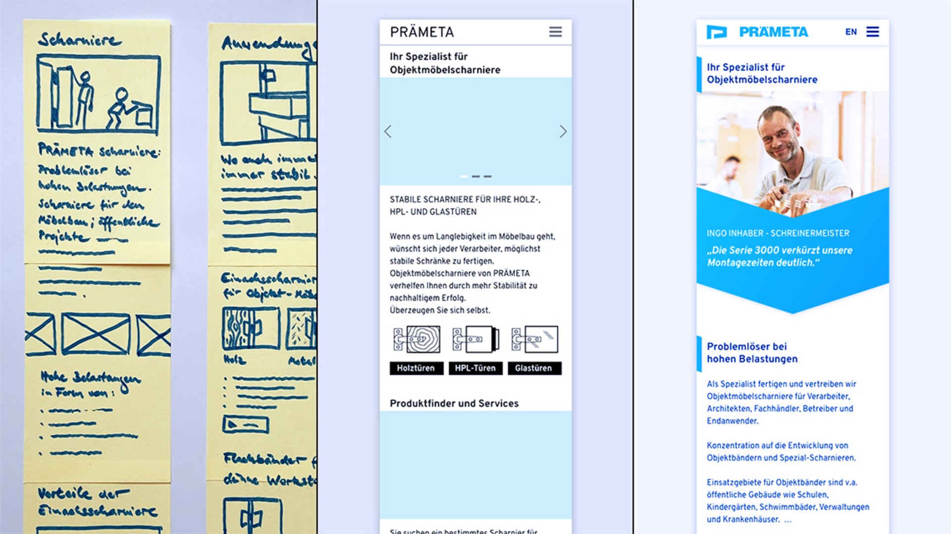 User Experience Design Prototypen der PRÄMETA Präzisionsmetall Website aus einem iterativen Prozess.