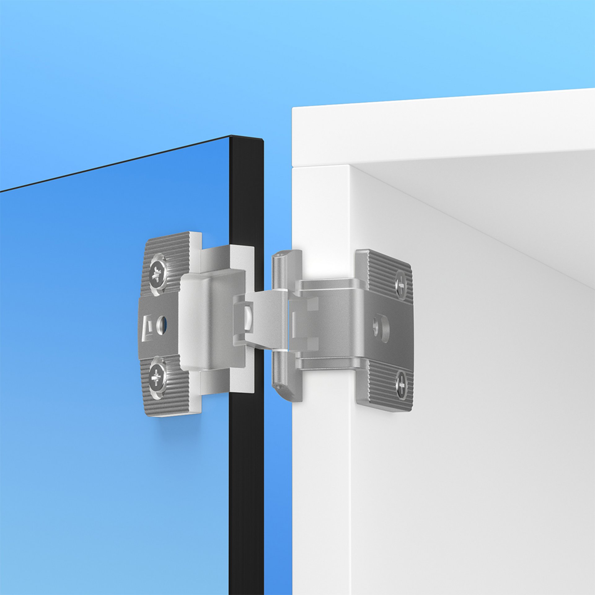 Produkt Bild in einem eigentypischen Look der Marke PRÄMETA Präzisionsmetall zeigt ein eingebautes Spezialscharnier der Serie 3000 für dünne Türen und Holzkorpus.