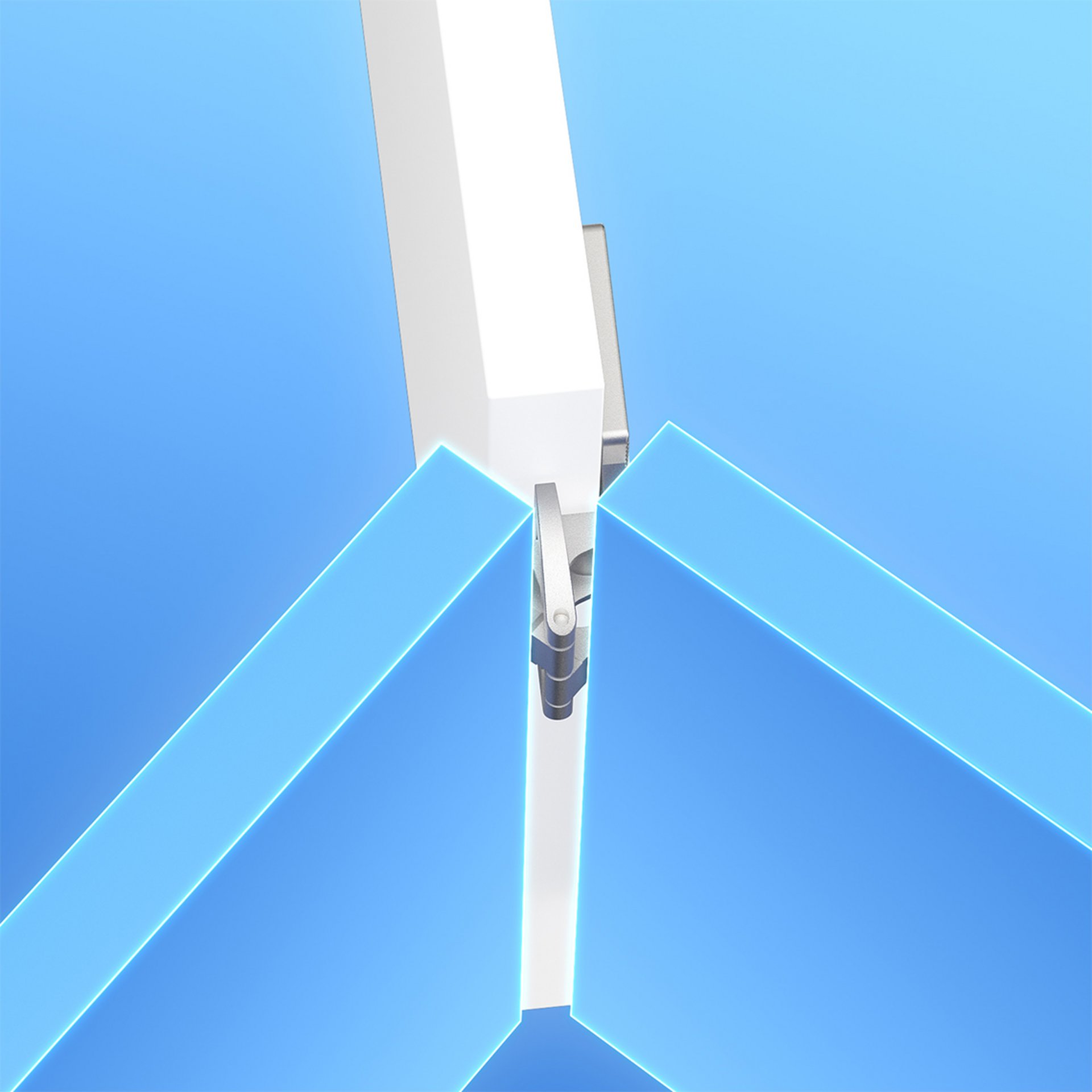 Produkt Bild in einem eigentypischen Look der Marke PRÄMETA Präzisionsmetall zeigt ein eingebautes Scharnier der Serie 3000 für den Zwillingsanschlag für Möbel aus Holz und Metall.