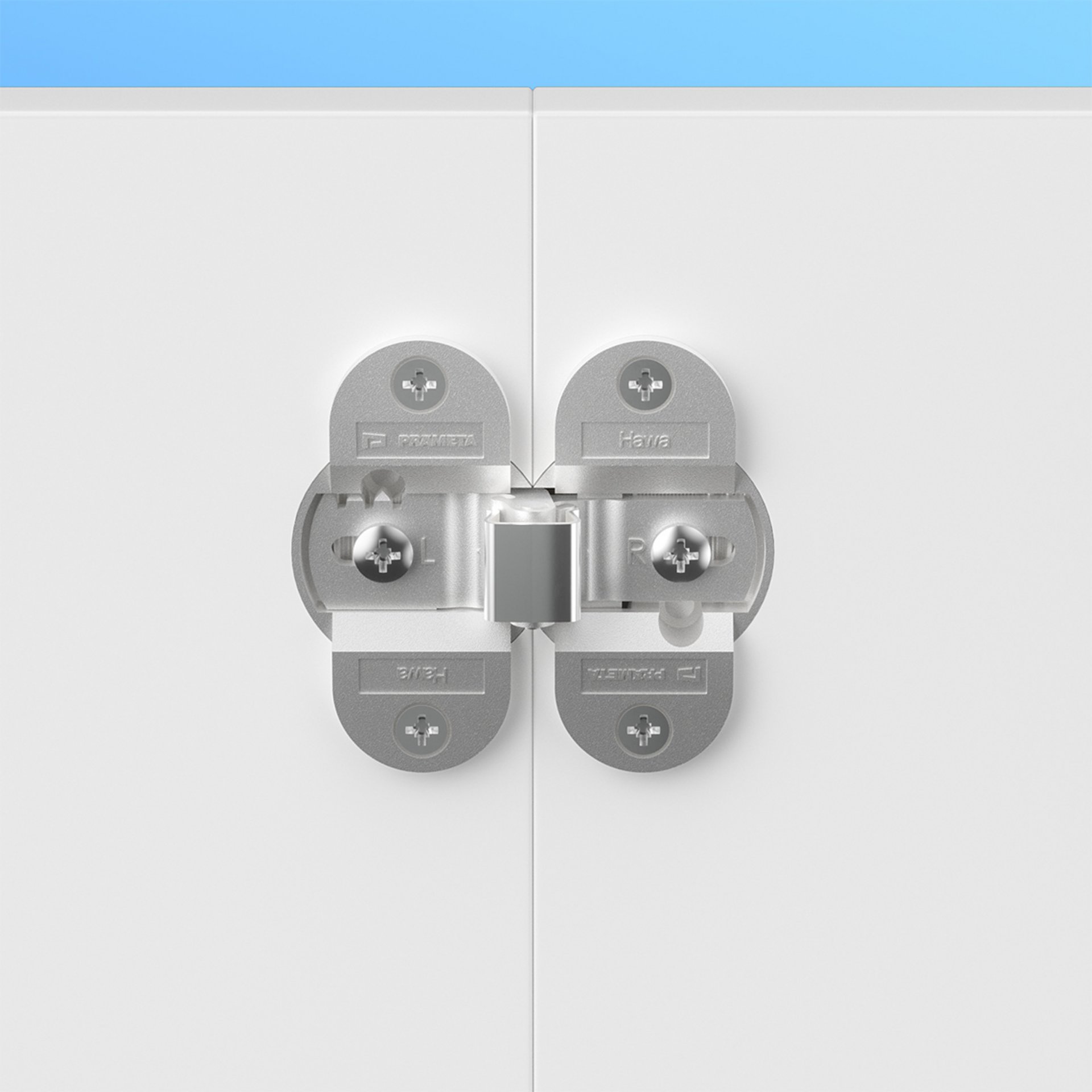 Produkt Bild in einem eigentypischen Look der Marke PRÄMETA Präzisionsmetall zeigt ein eingebautes Falttür-Scharnier.